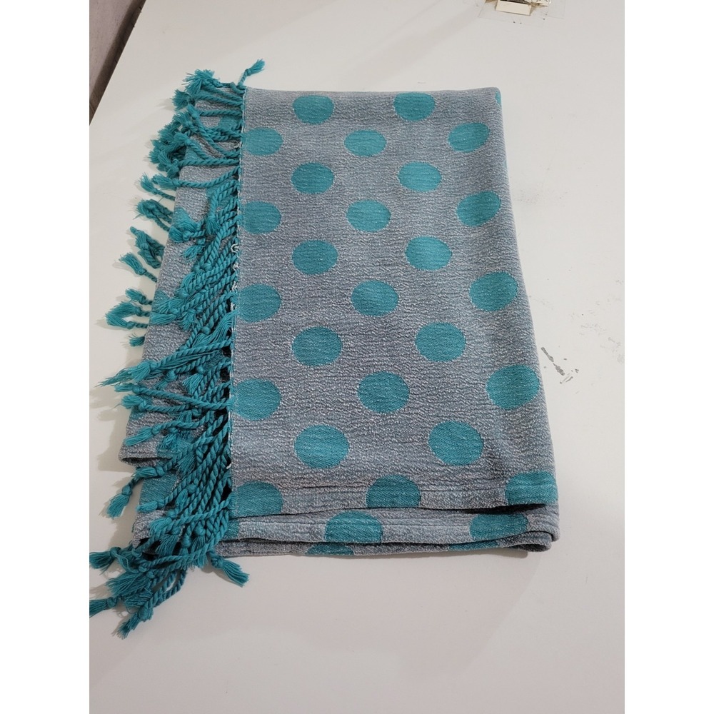 Calzeat of Scotland Chenille Throw Blanket Blue Teal Polka Dot Fringe 55"x43.5"
